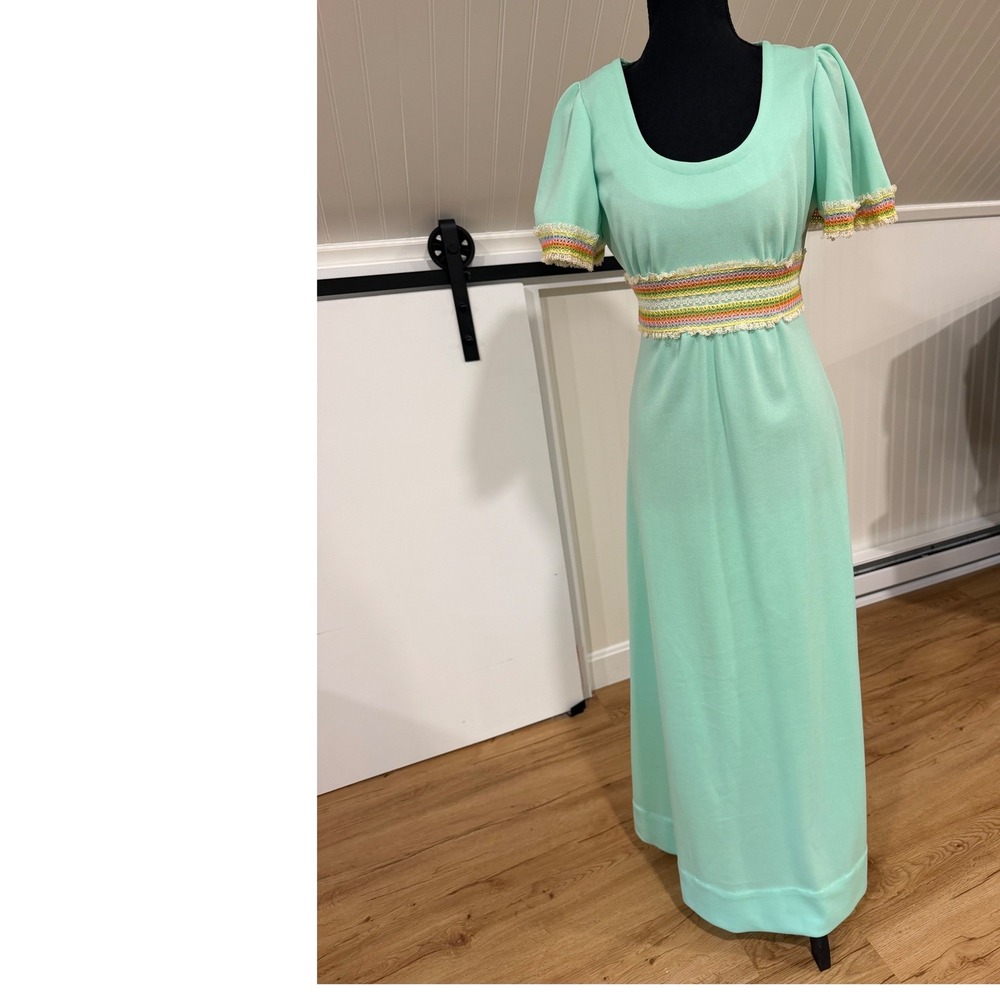 Vintage 70s Allegro New York Mint Green Maxi Dress Small Crochet Empire Waist